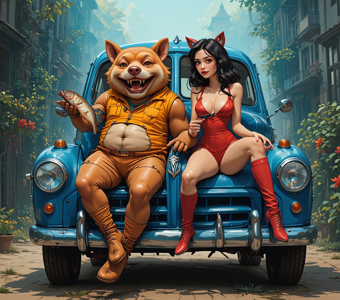 Anthropomorphic pig and cat girl with vintage blue car