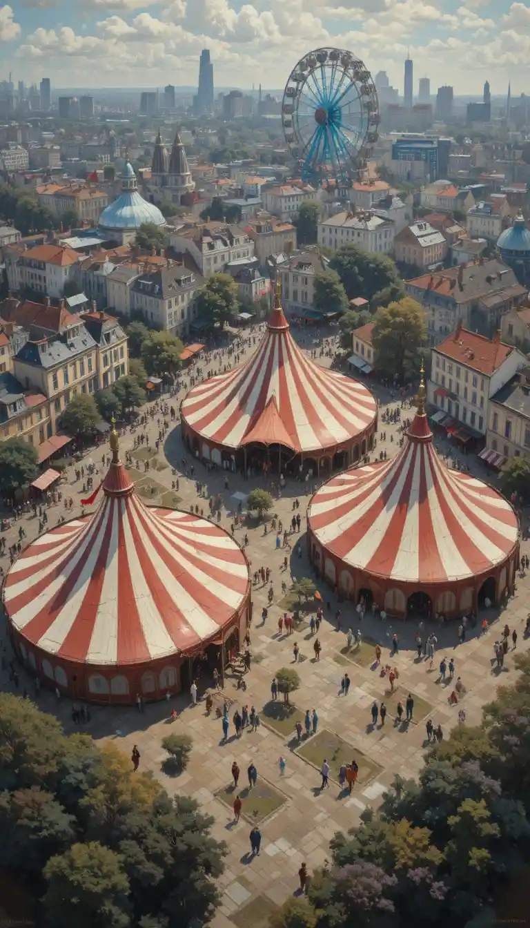 Colorate tende da circo e ruota panoramica sopra una città vivace