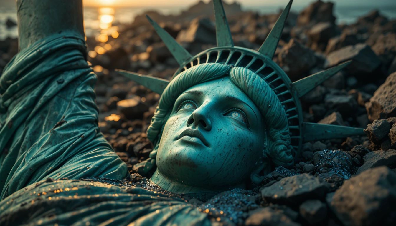 Primo piano del volto della Statua della Libertà che affonda nel mare