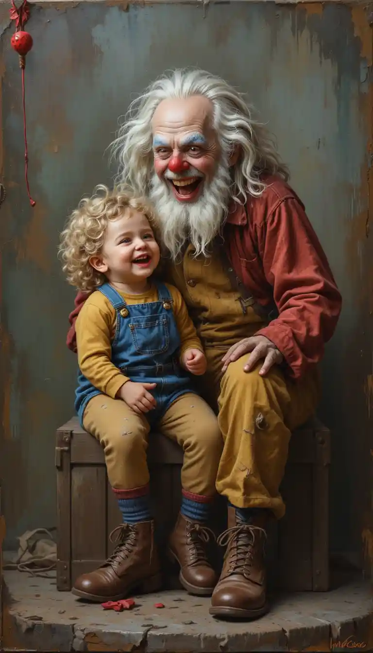 Criança rindo com velho palhaço em pintura impasto