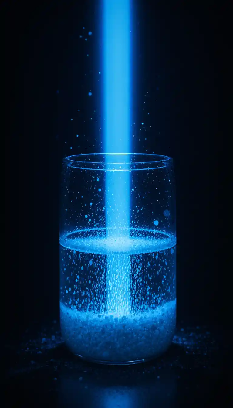 Raggio di luce intensa che rivela l’effetto Tyndall in un contenitore di vetro