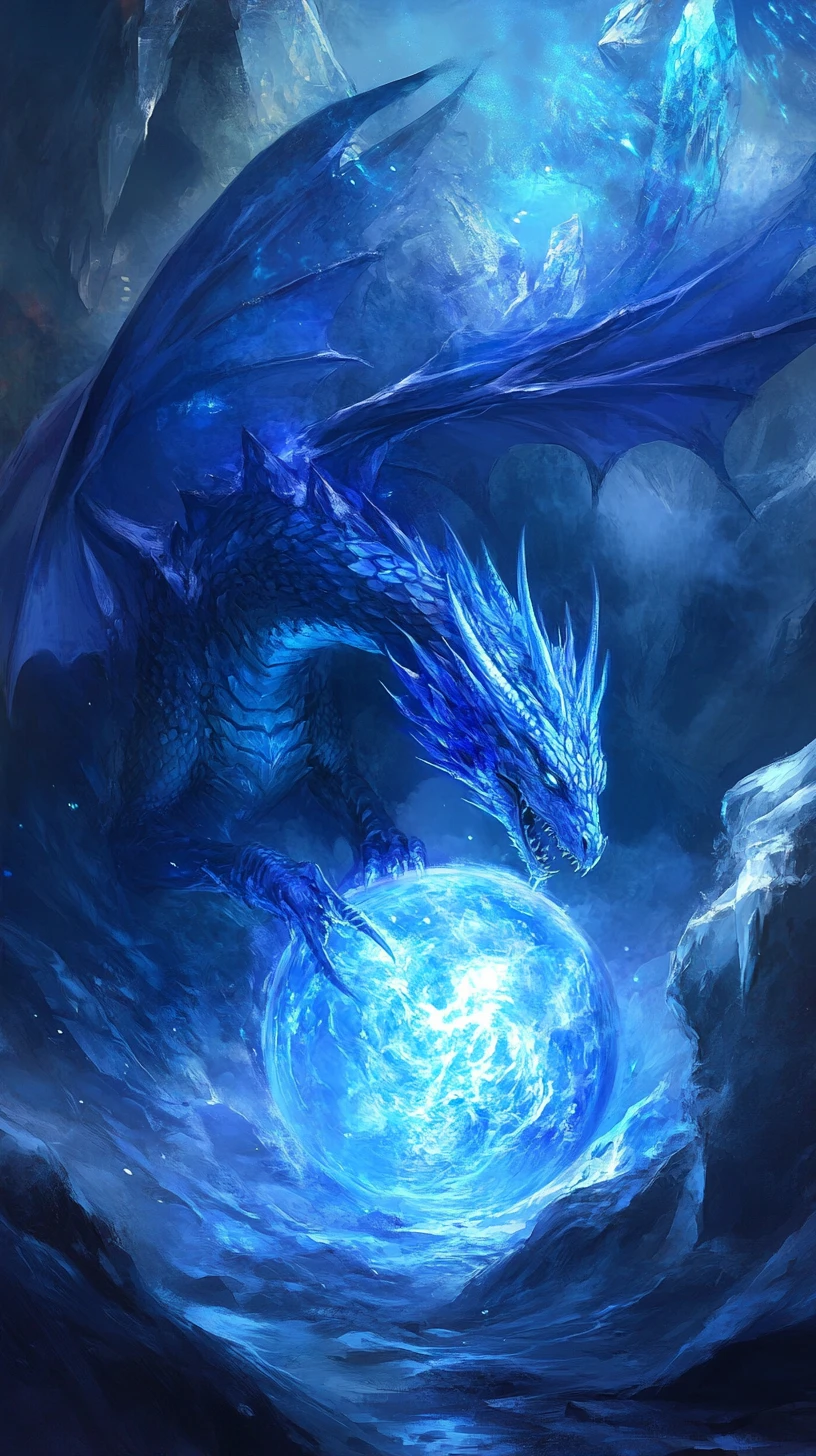 Ethereal dragon rising from a glowing crystal sphere