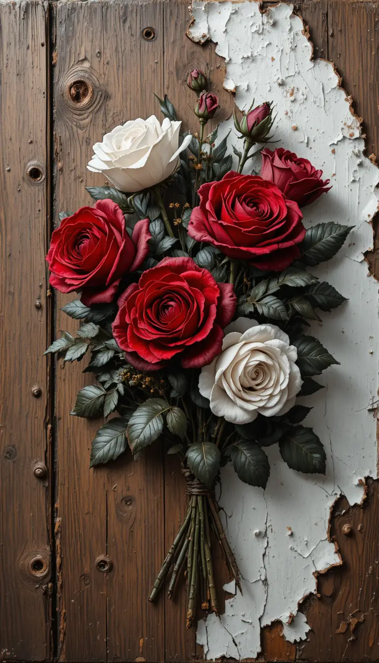 Buquê de rosas em impasto sobre fundo de madeira desgastada