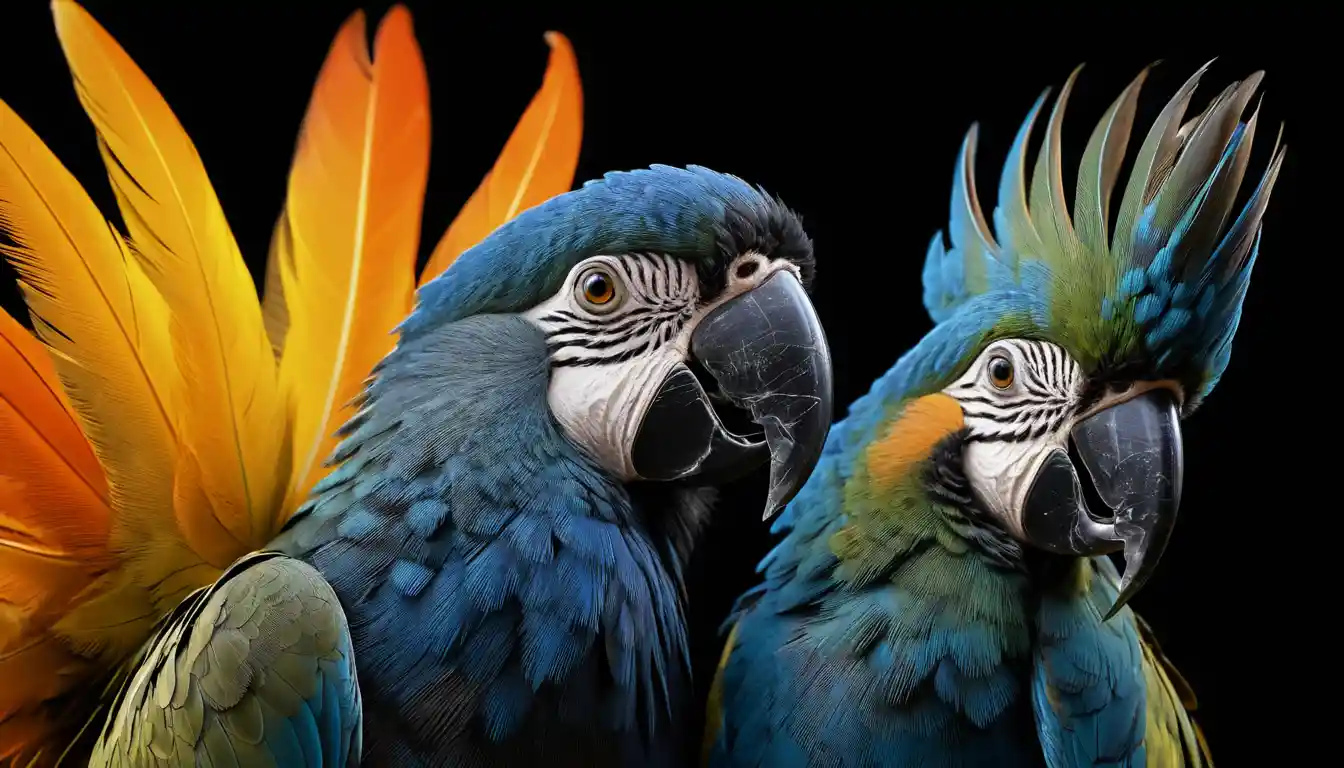 Primer plano de loros coloridos bajo una luz de estudio dramática