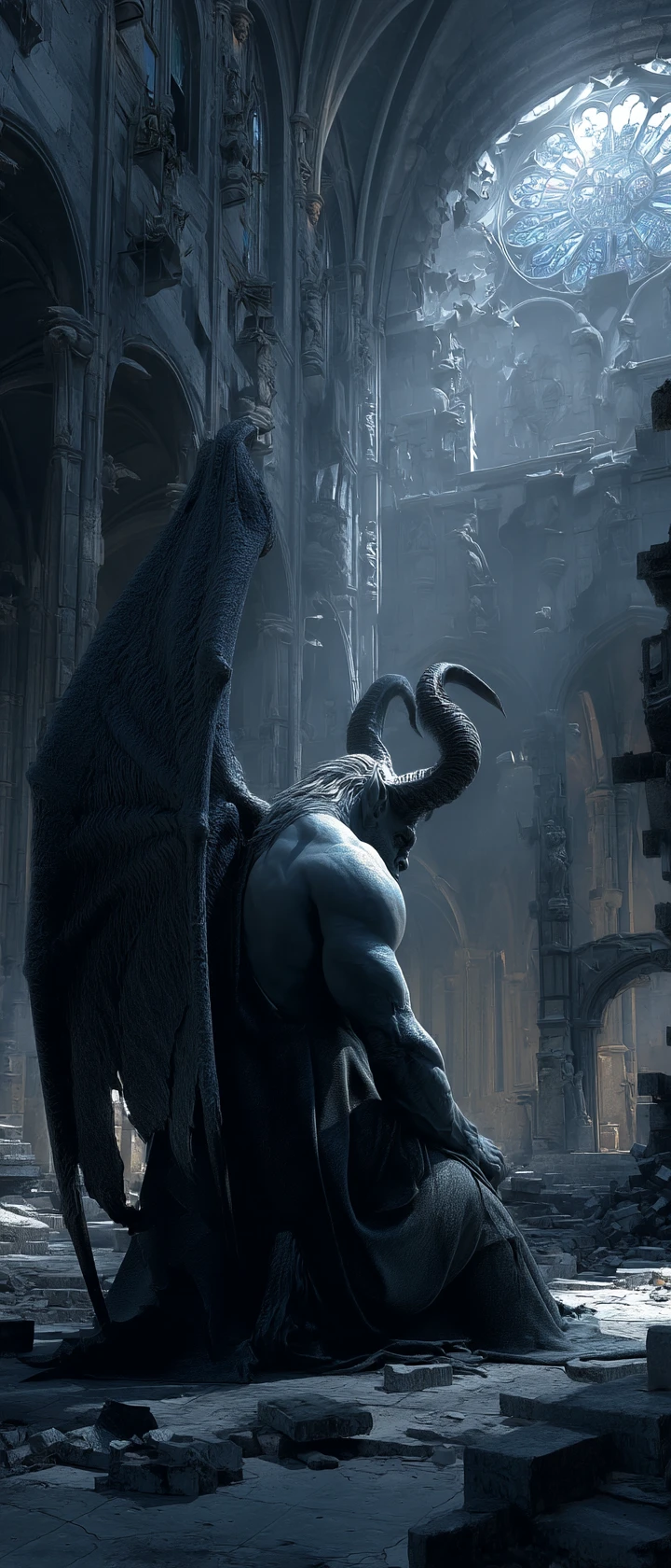 Horned demon kneeling in ruined gothic cathedral at night