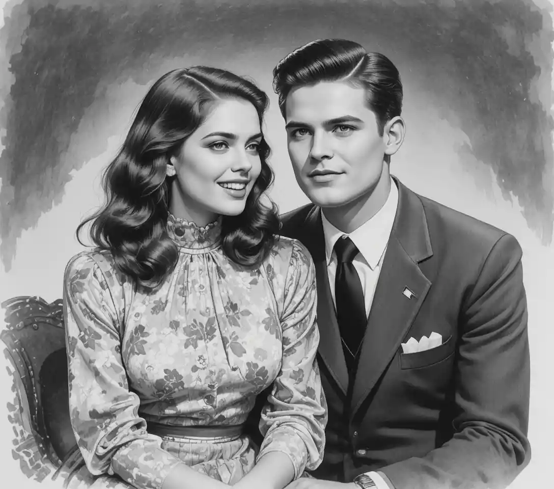 Romantic black and white couple in vintage watercolor scene