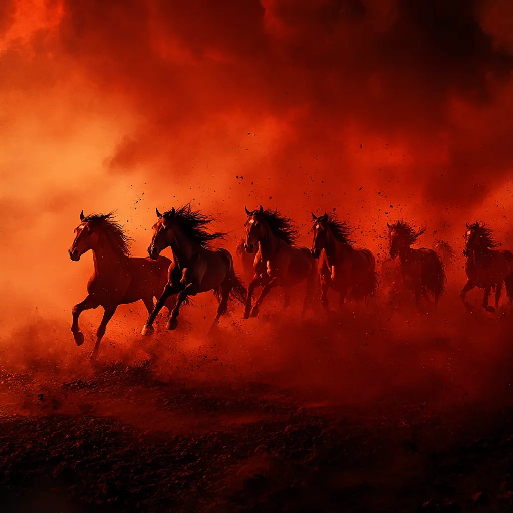 Wild horses stampede across a desolate wasteland at dusk