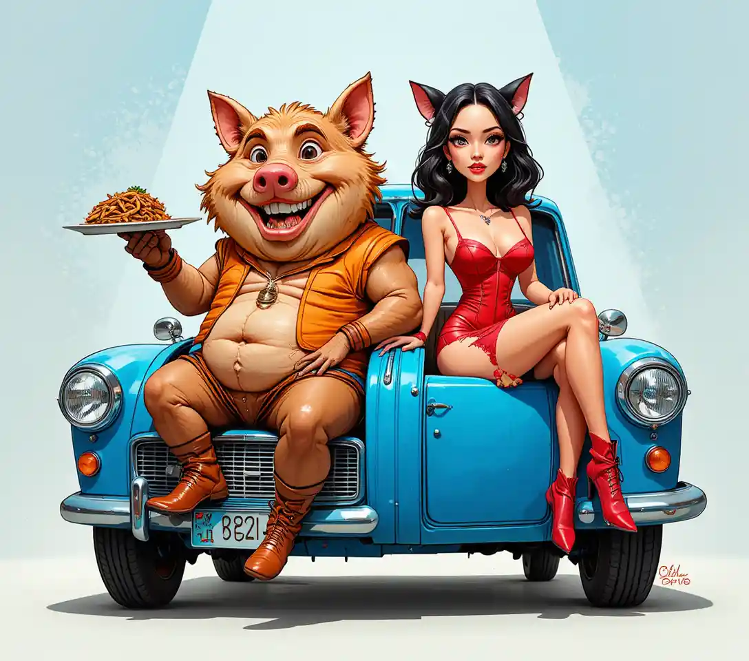 Anthropomorphic pig and cat girl with blue vintage car
