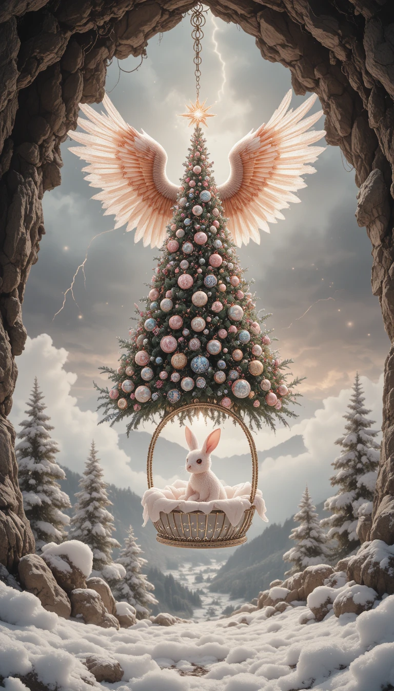 Surreal crystal rabbit near a burning Christmas tree in fire