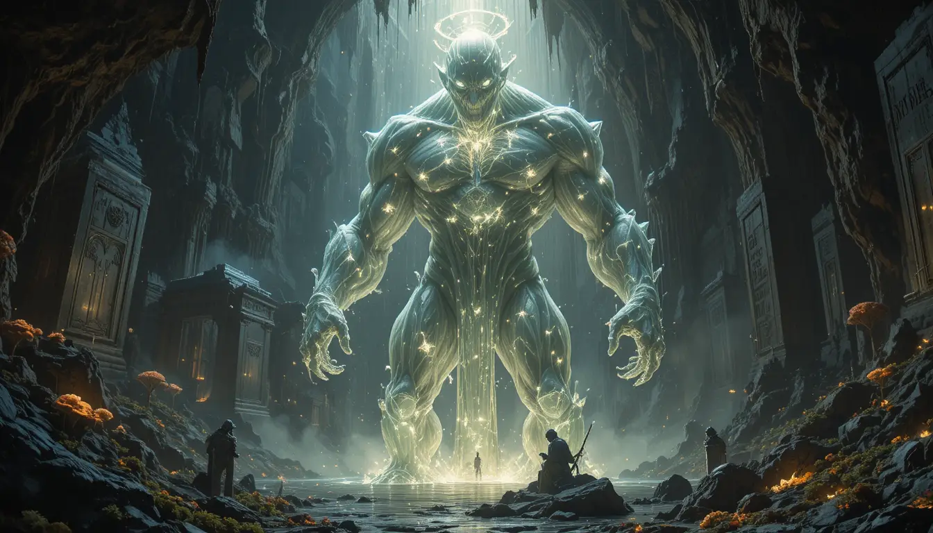 Imenso golem cristalino erguido em uma caverna luminosa