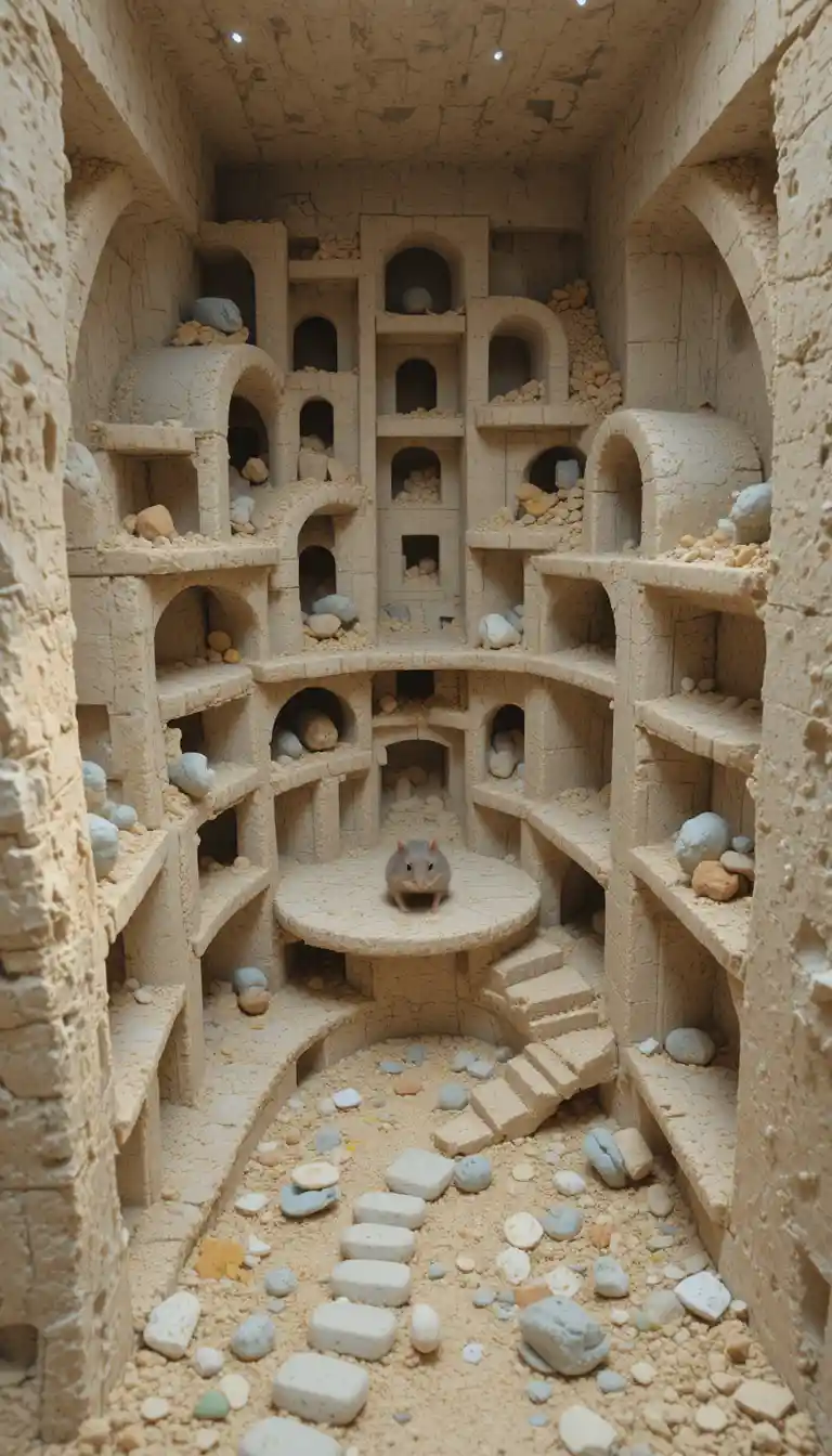 Vue grand angle d’un hamster explorant sa maison souterraine