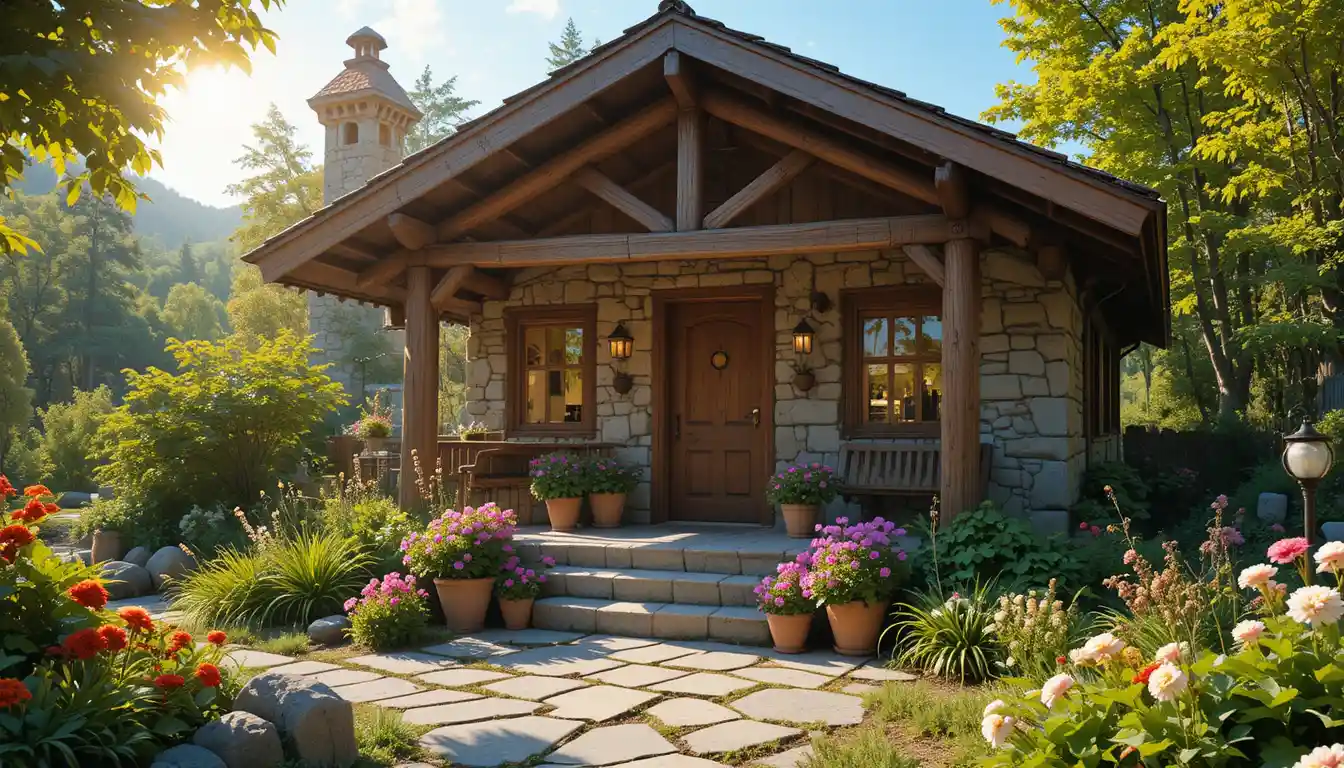 Chalet chaleureux en pierre et bois brillant au cœur d’une forêt verdoyante