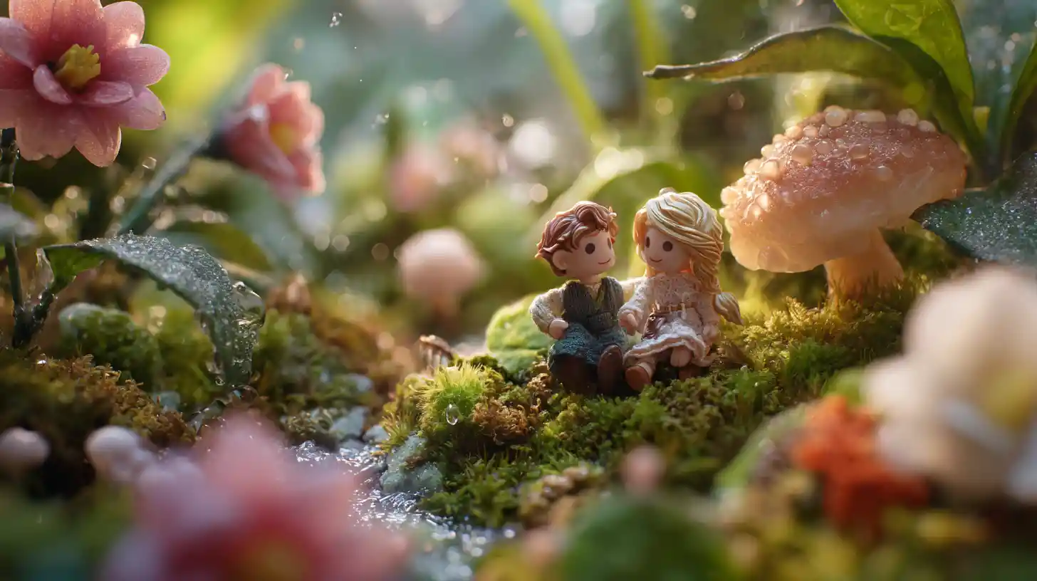 Romantic tiny lovers in a lush fantasy village