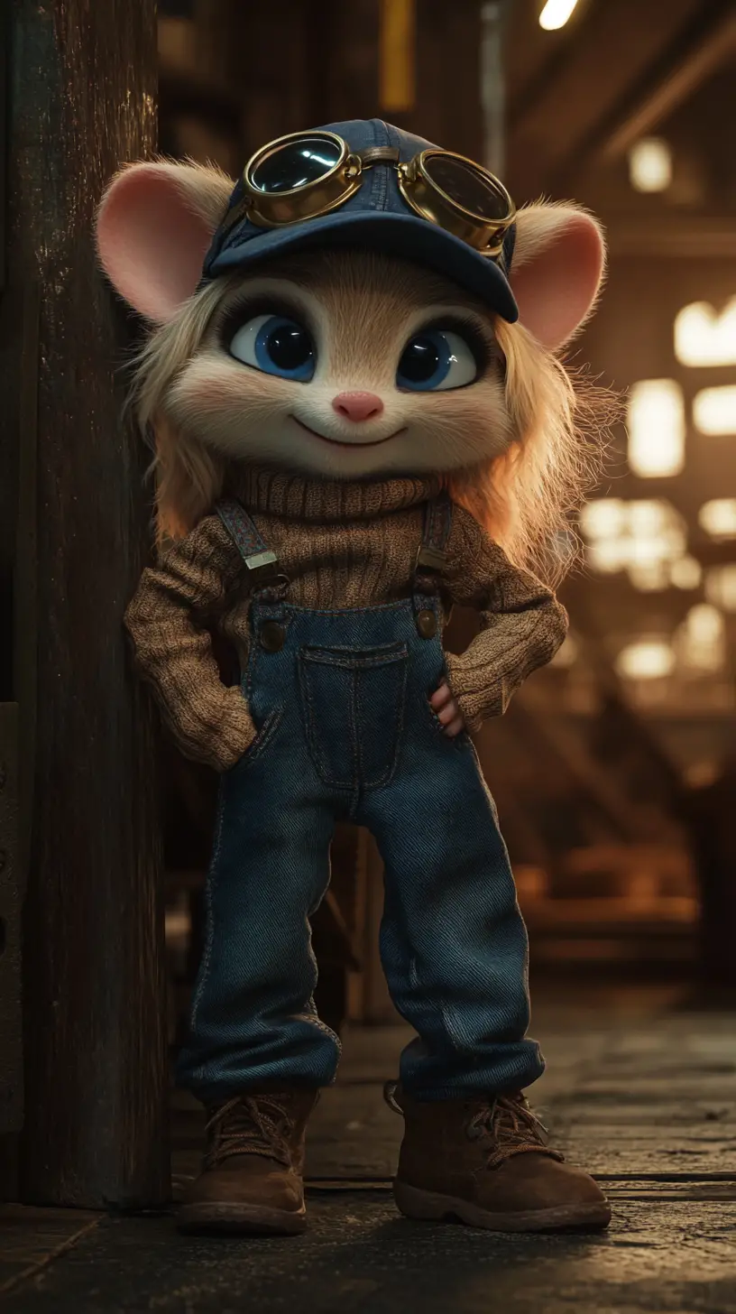 Pixar style anthropomorphic mouse in denim overalls