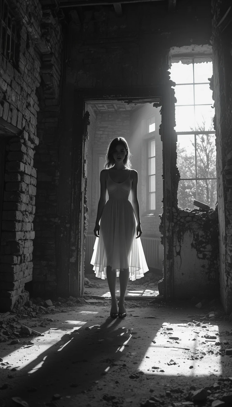 Silhouetted woman in doorway of ruined brick building
