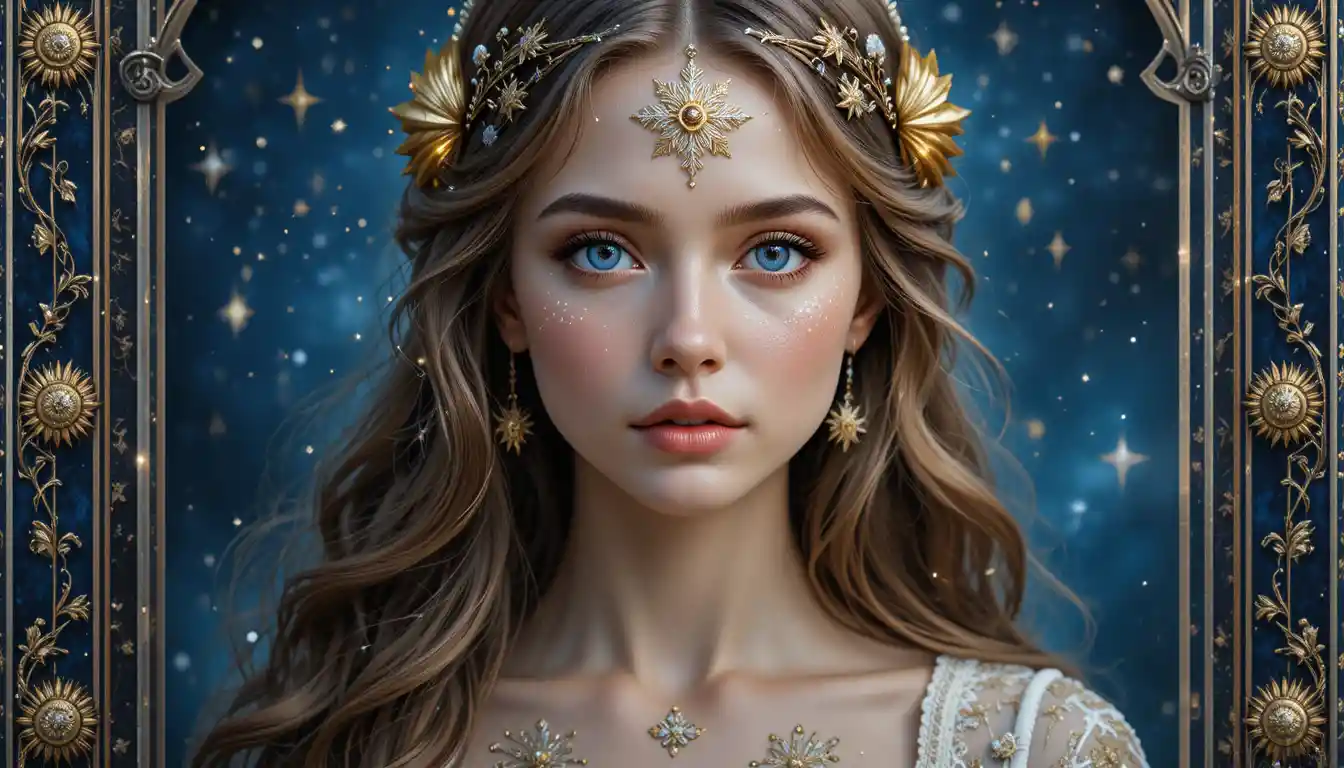 Ethereal blue eyed girl with celestial gold headpiece