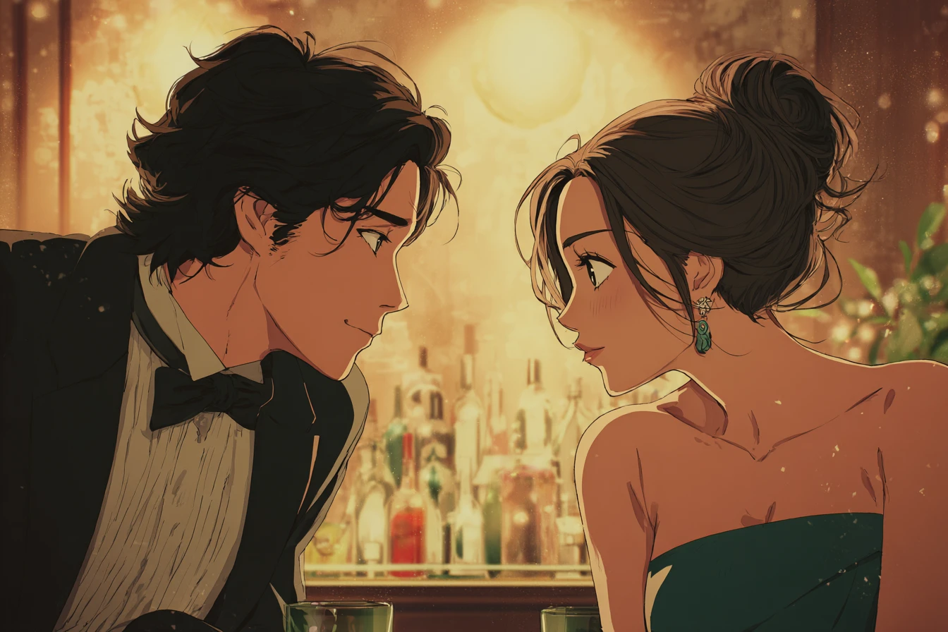 Pareja de anime compartiendo la primera mirada en un bar suavemente iluminado