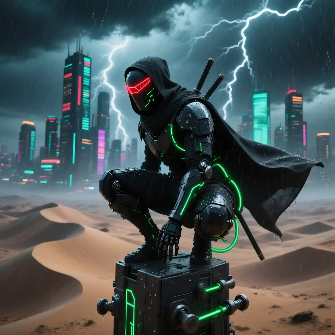 Ninja cybernétique surplombant une mégalopole futuriste en pleine tempête