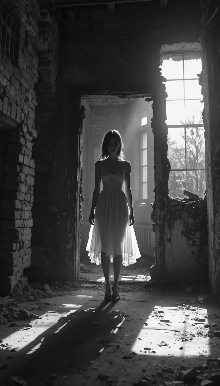Silhouetted woman in doorway of ruined brick building