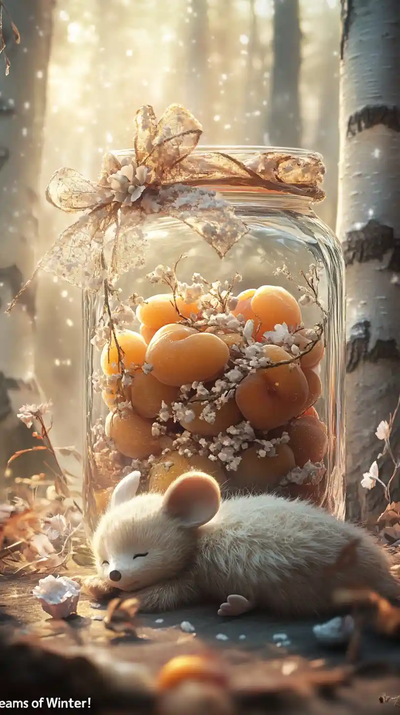 Stewed apricots in a crystal jar with sleeping mouse