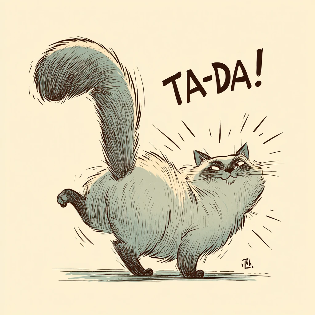 Playful cartoon cat cheekily presenting its backside with text