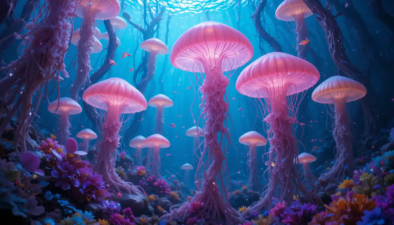 Bioluminescent Jellyfish Forest In A Neon Ocean Depths