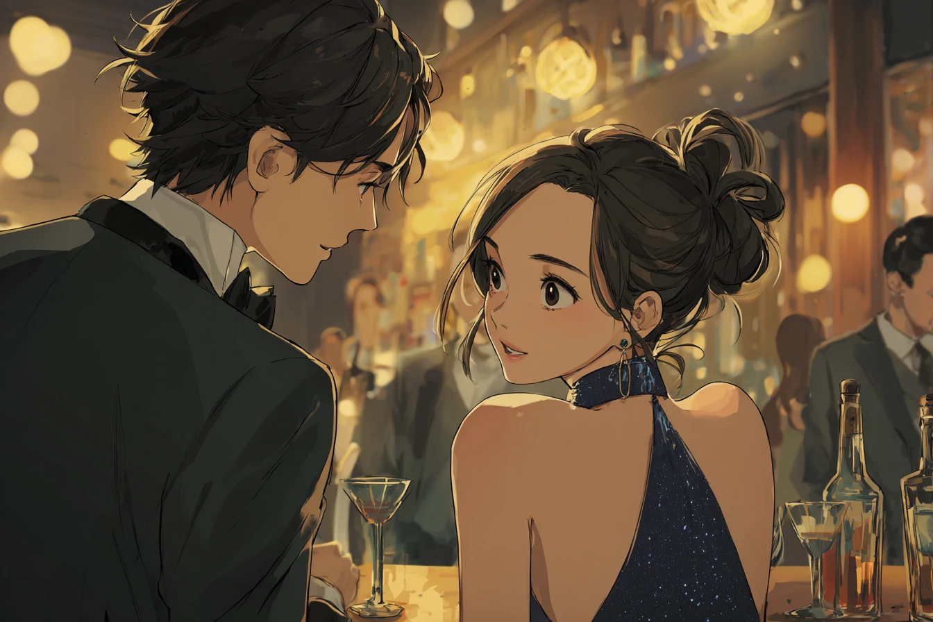 Anime couple sharing a flirtatious gaze across a bar