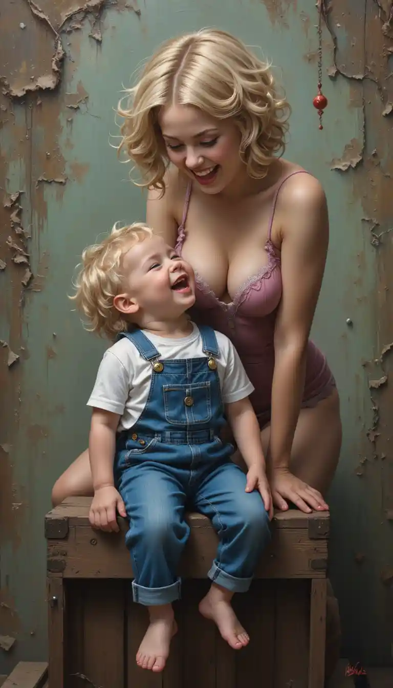 Laughing child with playful clown woman in impasto painting