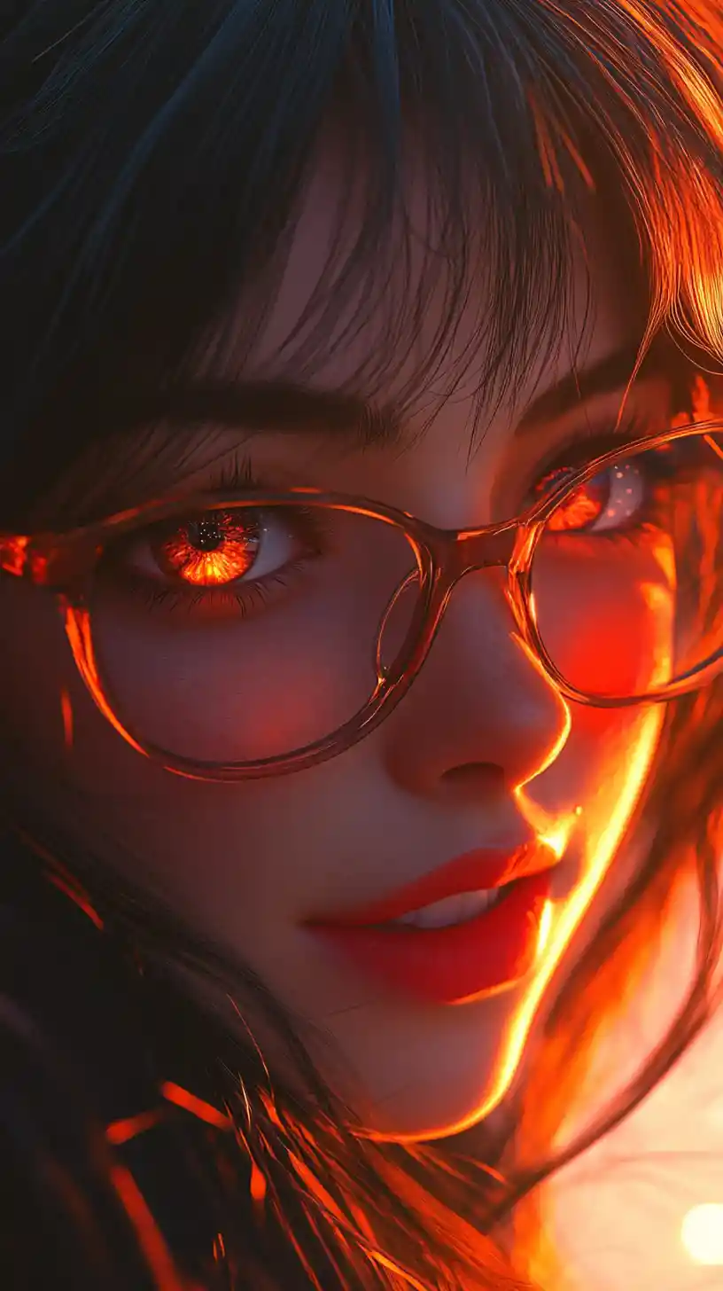 Confident anime girl with glasses in fiery rim light