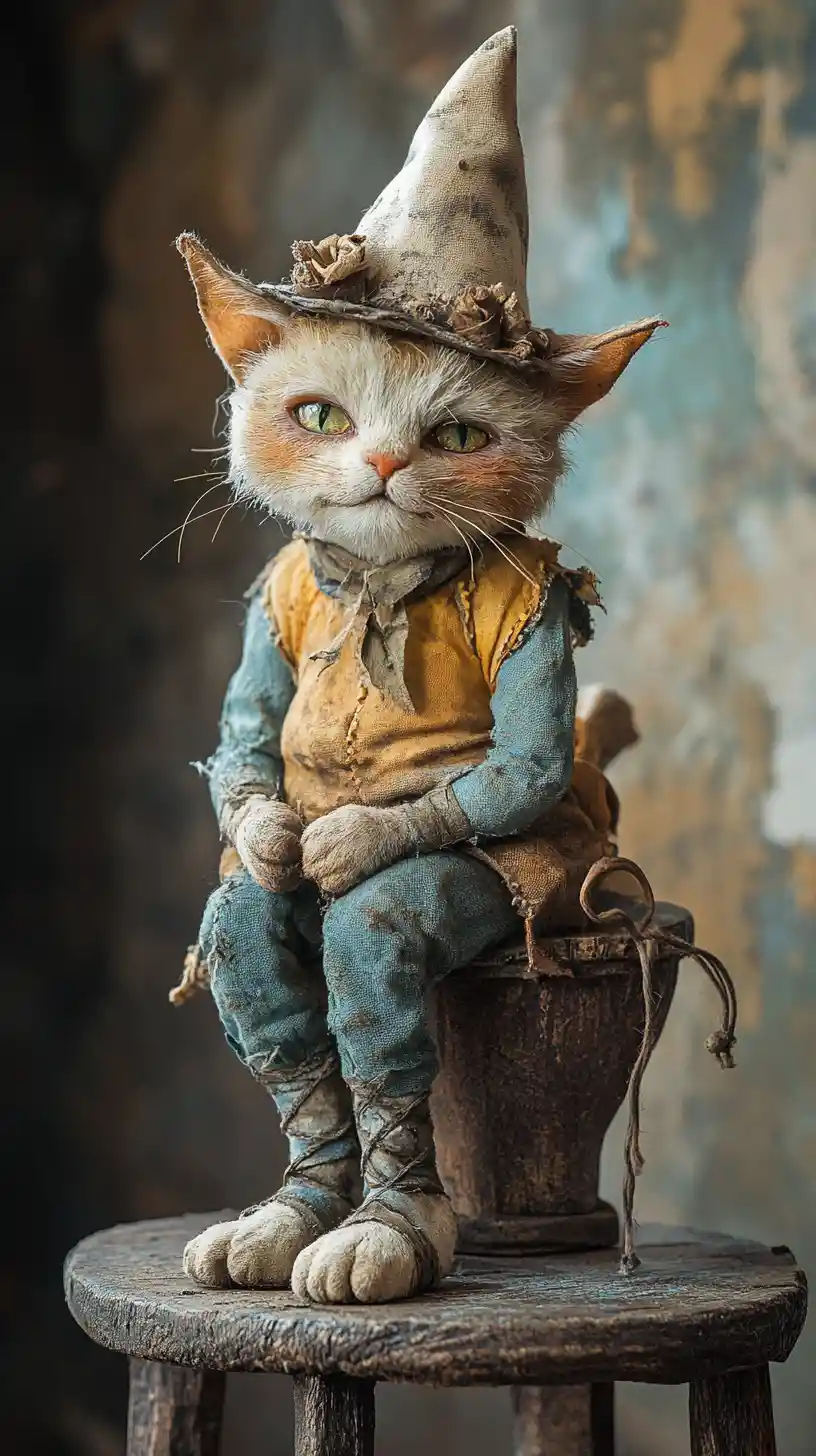 Whimsical feline fairy resting on a stool in a cottage