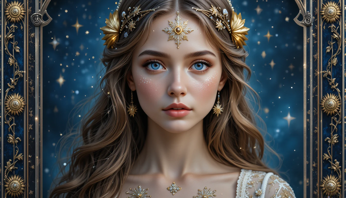 Ethereal blue eyed girl with celestial gold headpiece