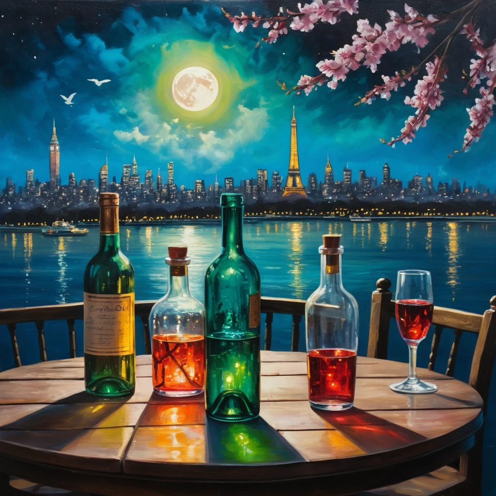 Botellas con Paisajes Urbanos Brillantes en una Mesa de Madera Rústica