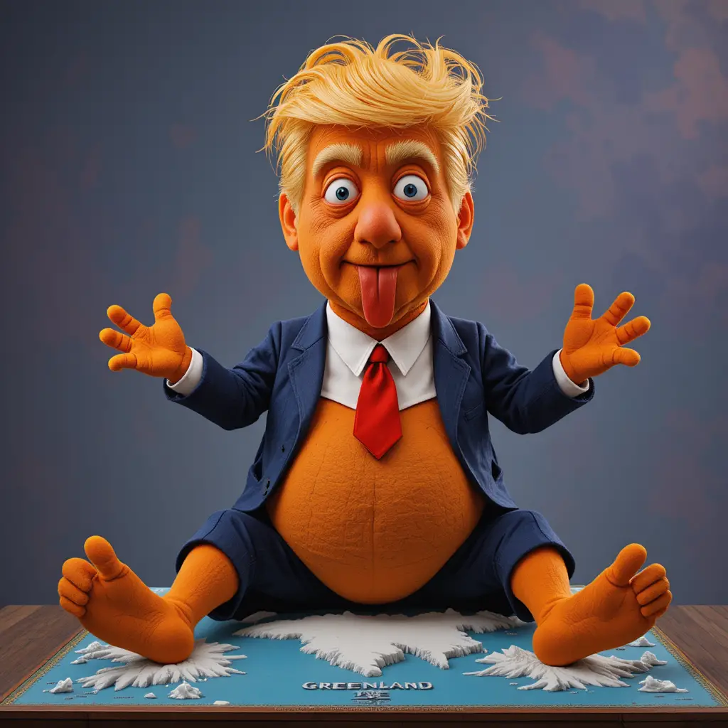 Groteske Puppenkarikatur eines selbstzufriedenen Mannes auf Grönland