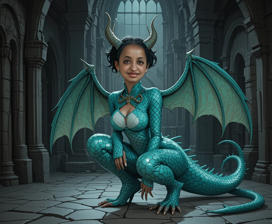 Woman in teal dragon costume in dim medieval stone hall