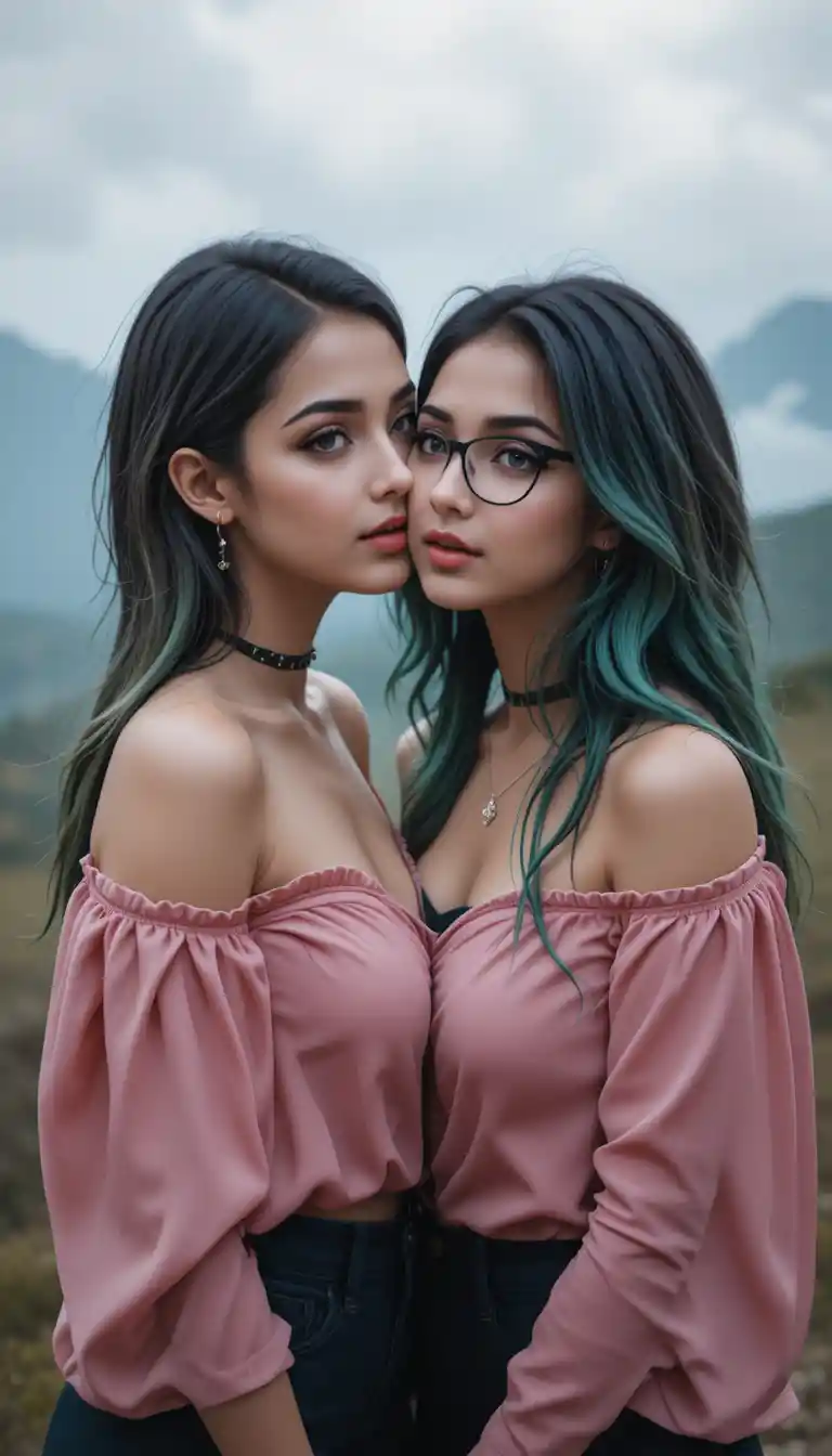 Two gothic girls kissing with mountains in the background
