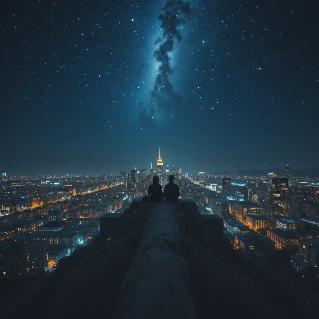 Starry city skyline under a quiet midnight sky