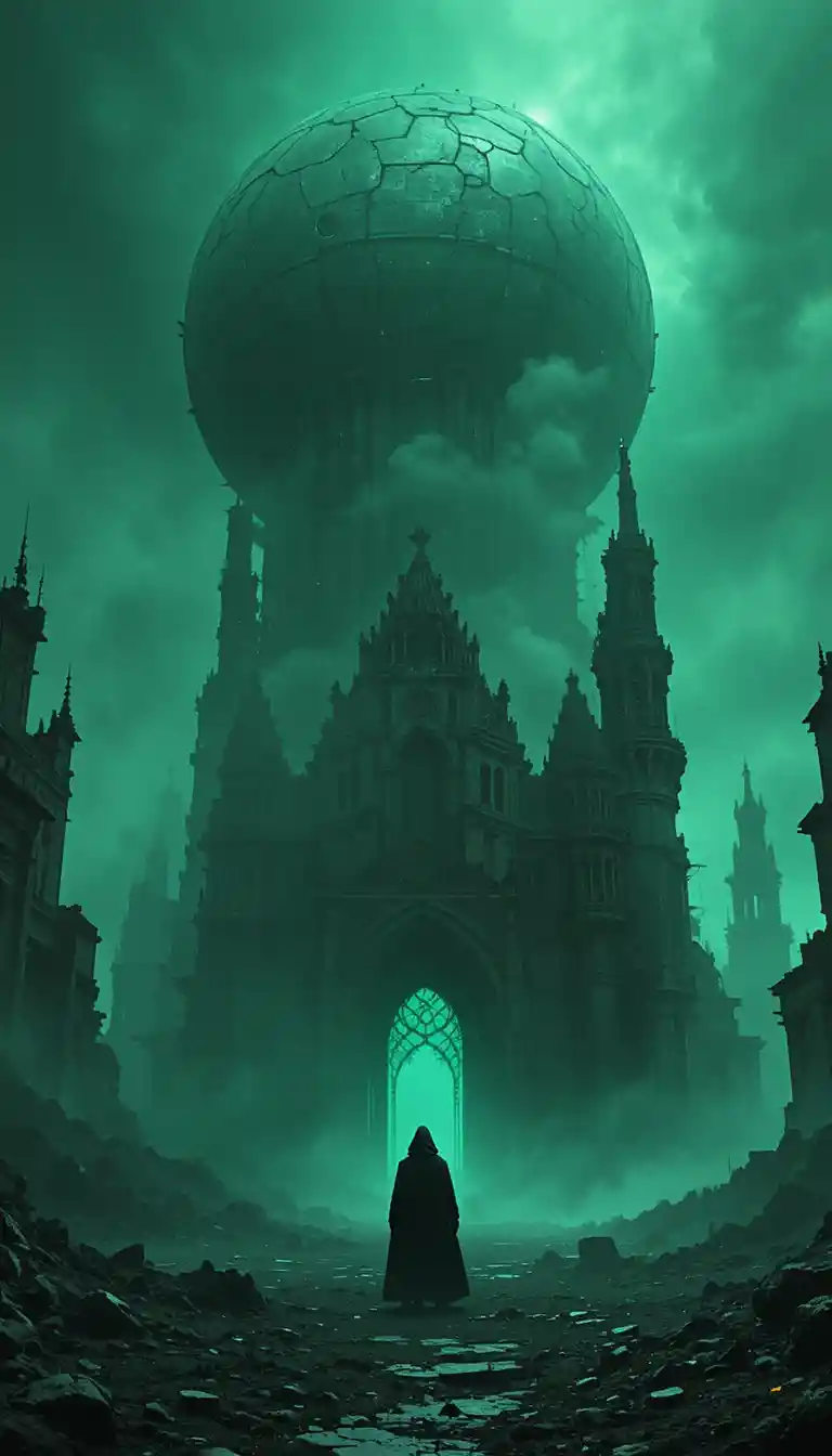 Lone Cloaked Figure In Green Apocalyptic Ruins
