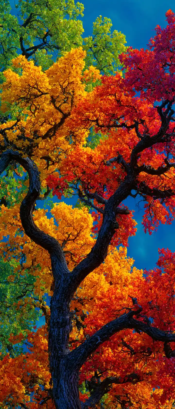 Colorful seasonal tree against a clear blue sky