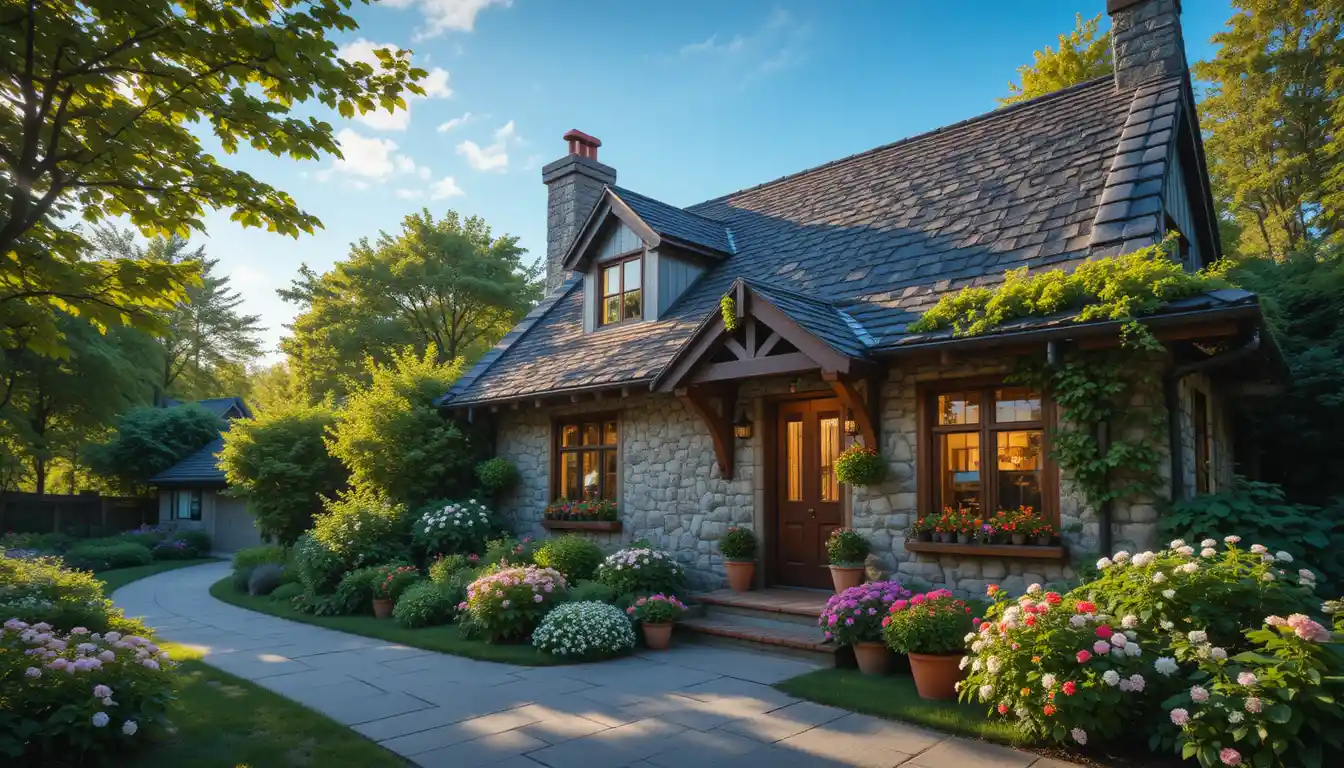 Cozy garden cottage with flowers under a bright blue sky