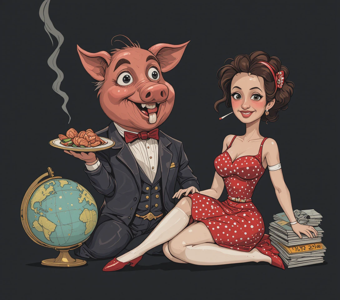 Pig in tuxedo with plate of food on black background