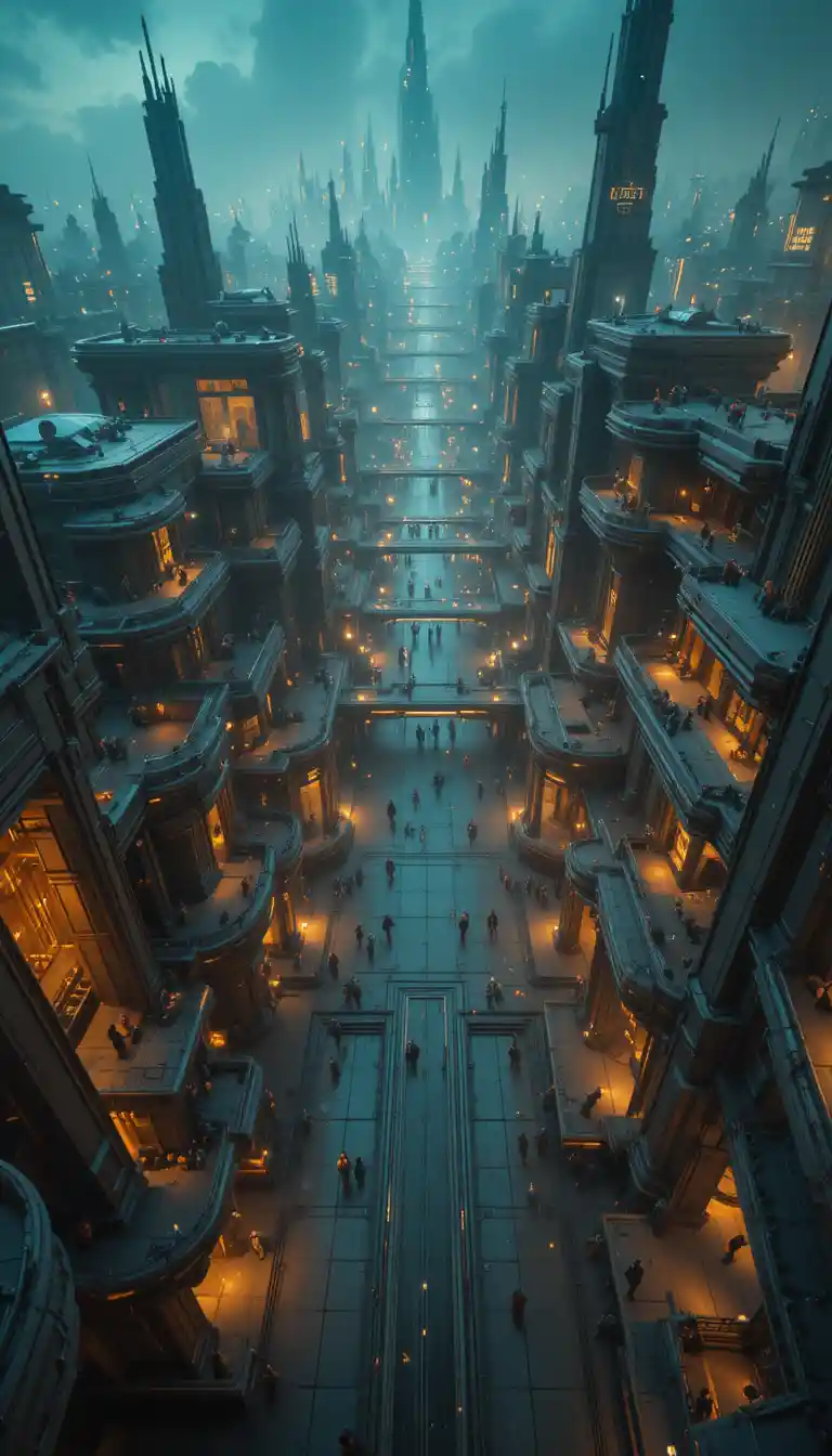 Aerial view of a glowing futuristic alien city district