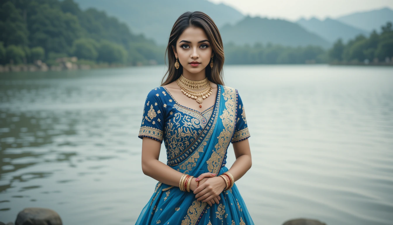 Indian woman in blue lehenga standing by tranquil lakeside