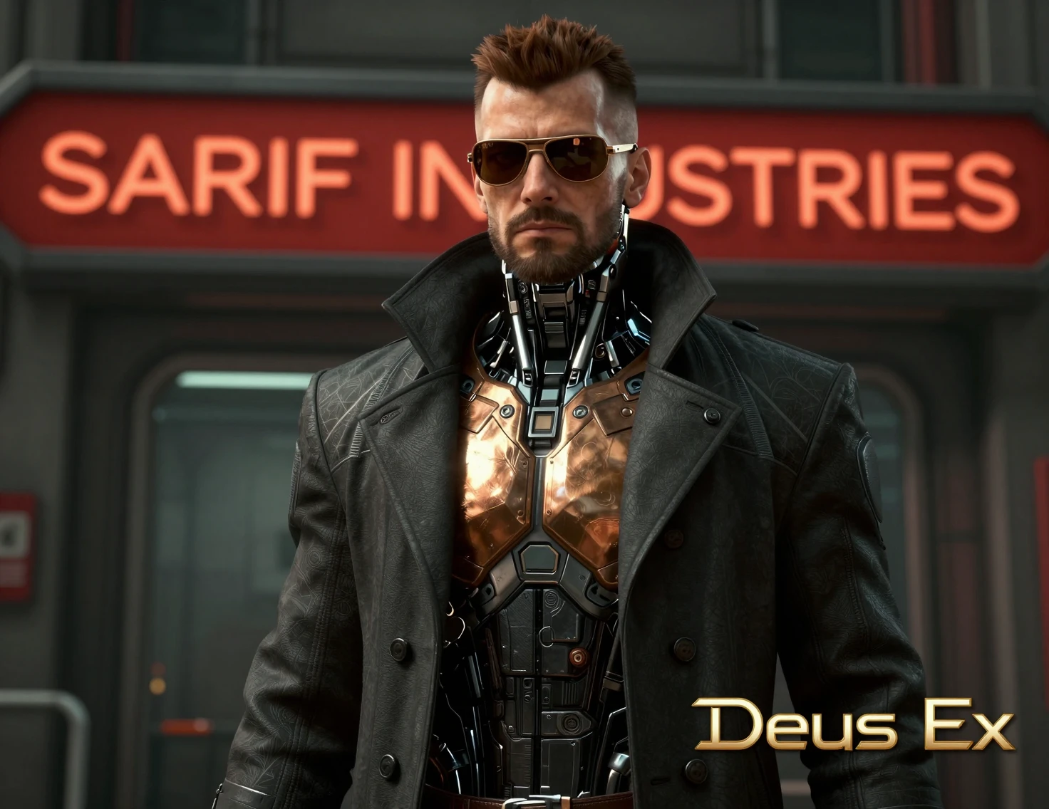 Augmented detective in a futuristic corporate office portrait