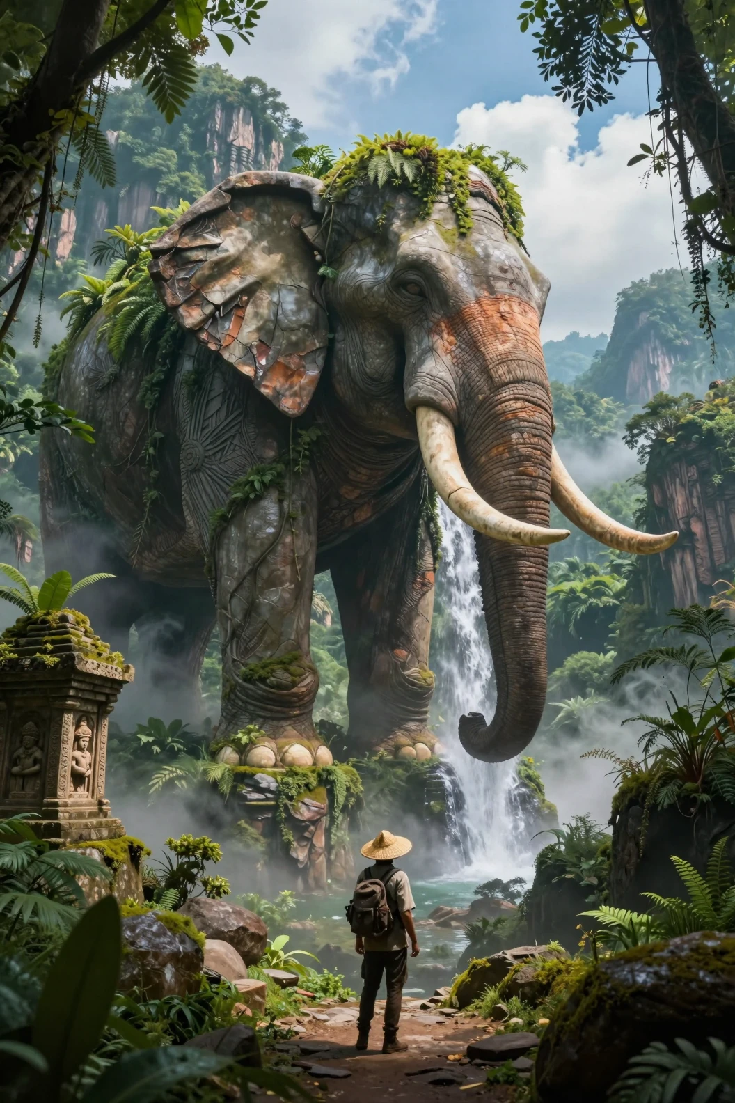 Ancient Stone Elephant Waterfall In Lush Jungle Valley