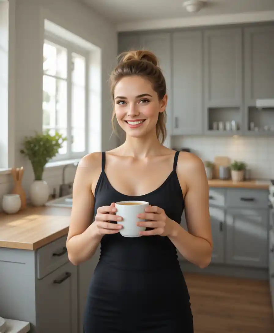 Young woman enjoying coffee in a bright modern kitchen