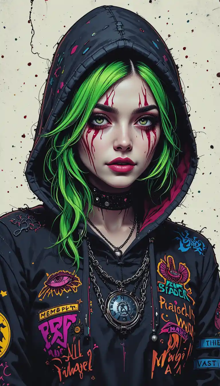 Creepy green haired woman in black hoodie with tribal tattoos