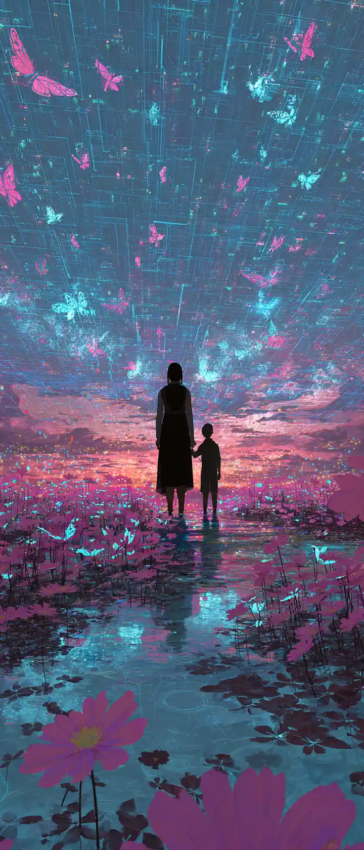 Mother and child in a glowing digital prairie world