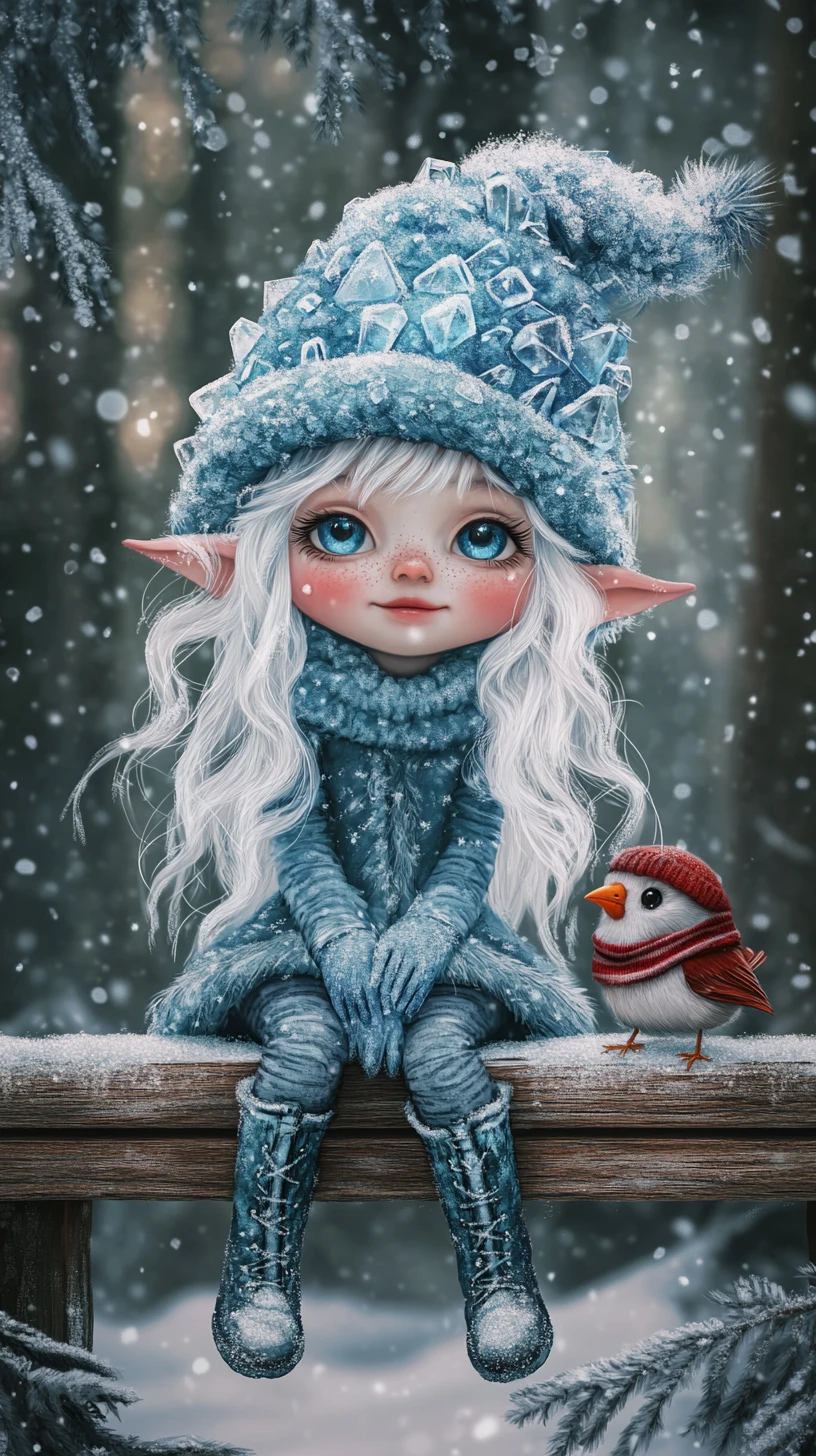 Bambina fata invernale su panchina in foresta di pini innevata
