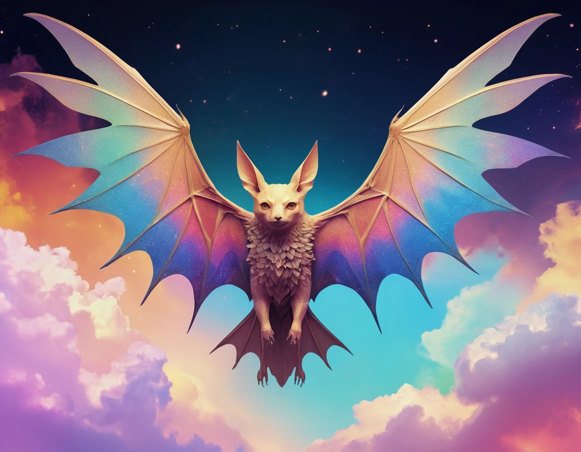Celestial winged being drifting through a dreamy sky