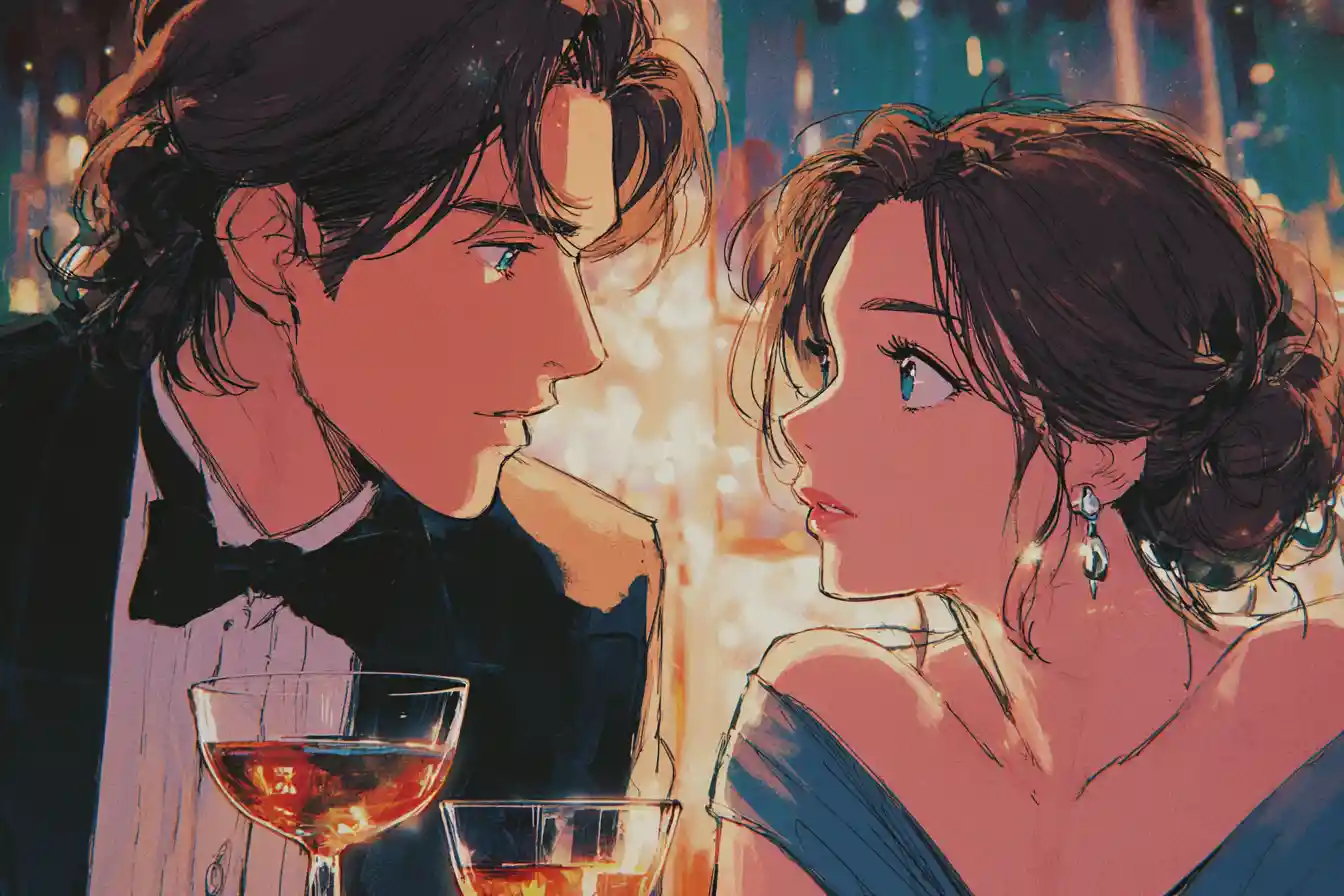 Anime couple sharing a first glance across a soft lit bar